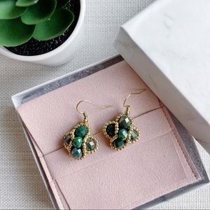 Handmade gold and green crystal beaded earrings